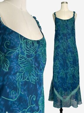 Ombre Blue tie dye green floral chiffon crochet slip dress Y2K fairy grunge 14